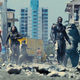Margot Robbie's Harley Quinn in a bright red dress stands amidst city rubble with Daniela Melchior's Ratcatcher 2, Idris Elba's Bloodsport, King Shark, and David Dastmalchian's Polka-Dot Man.